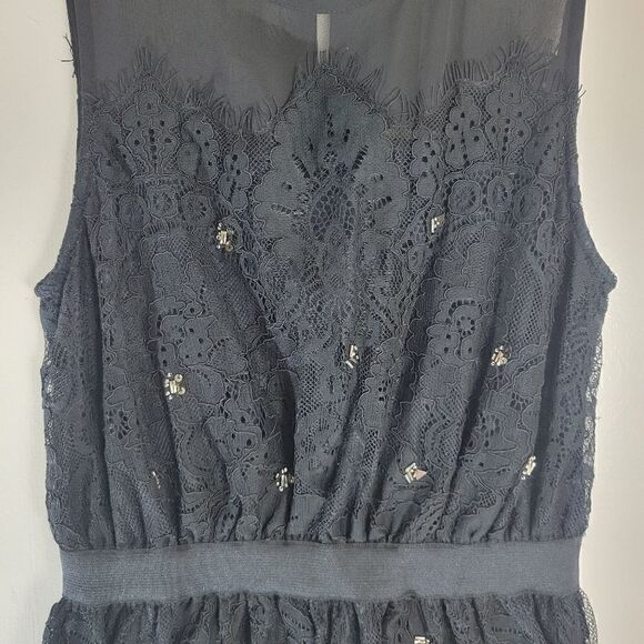 Anthropologie Meadow Rue Black Lace Sequined Sheer Collar Sleeveless Peplum Top - Picture 2 of 11